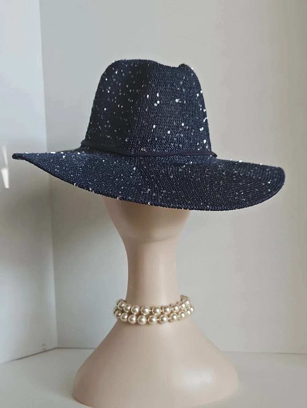 Beloved Millinery Sparkling Wide-Brim Panama Style Fedora Hat - Navy Blue